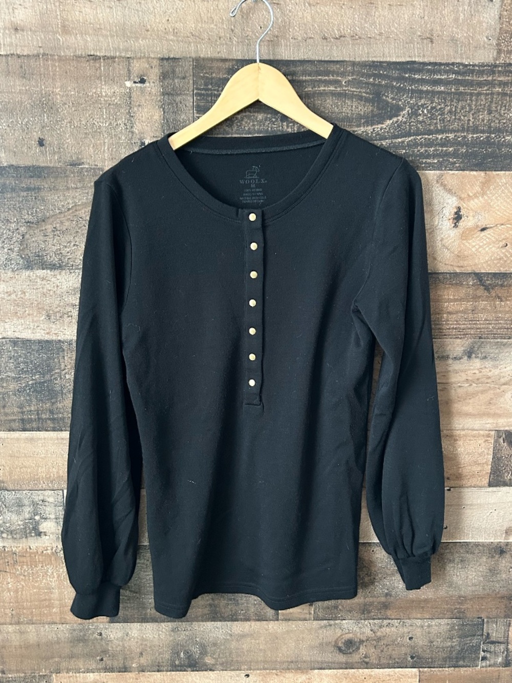 Woolx 100% Merino Wool Henley Top Black Long Sleeve Medium NWOT